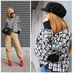 H&M Dreams of Dreams Soft Jacquard-Knit Black & White Oversized Sweater Size XS